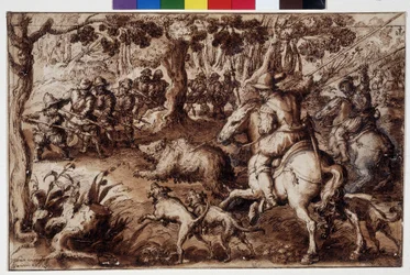 Caza del oso. Dibujo de Giovanni Stradano (Jan Van Der Straet) (Johannes Stradanus) (1523-1605). Florencia, Gabinetto dei Disegni e delle Stampe degli Uffizi. GDSU 2343 F