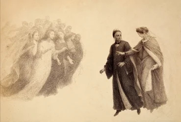 Beatrice, en el firmamento del Paraíso, indica a Dante un grupo de almas. Ilustración del Canto III del Paradiso de La Divina Comedia de Dante Alighieri. Obra de Franceso Scaramuzza dedicada al Ayuntamiento de Florencia.