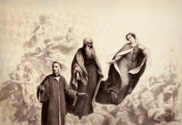 Beatrice se aleja de Dante, y a su lado aparece San Bernardo. Ilustración del Canto XXXI en Paradiso de La Divina Comedia de Dante Alighieri. Obra de Francesco Scaramuzza dedicada al Ayuntamiento de Florencia.