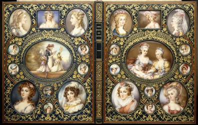 Encuadernación con veinticuatro miniaturas de retratos, del libro "Trajes característicos franceses" de Richard Brinsley Peake, 1816