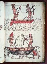 Botes de indios, página del Códice Canadensis (1664-1675), manuscrito en pergamino por Louis Nicolas, Francia