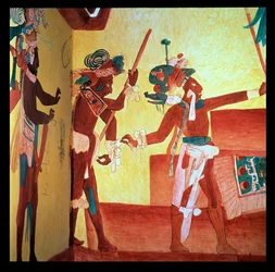 Señores de Bonampak con trajes de plumas bailan en celebración tras una victoria militar, Maya c.800 (fresco)