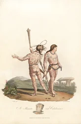 Antigüedad británica (periodo prerromano, antes del siglo I): Catini y Caledonian habitantes (Escocia) de las llanuras del norte y los bosques de Gran Bretaña, con tatuajes cubiertos - Forte agua por Robert Havell (1793-1878) de una ilustración de Charles 