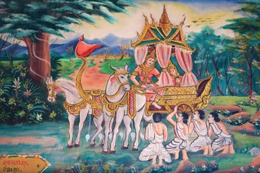 Buda y la princesa Yashodhara y su hijo, Rahula. Vida de Buda. Pinturas murales. Wat Inpeng. Vientián. Laos