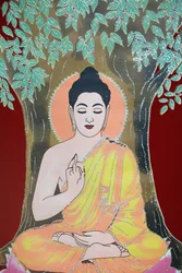 Buda dando una bendición. Thangka, Katmandú, Nepal