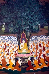Buda enseñando a sus discípulos, fresco mural, templo de Wat Botum, Phnom Penh, 2022 (foto)