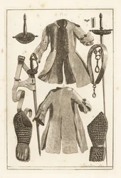 Chaqueta de cuero, cinturón de cuero, empuñadura de espada de plata dorada, pieza de brazo y guante de cuero, espada de Toledo, hoja y vaina, y empuñadura