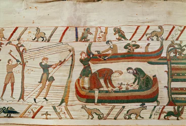 Construcción de barcos bajo las órdenes del Duque Guillermo, Tapiz de Bayeux (bordado en lana sobre lino)