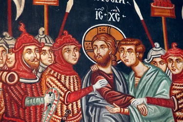 Fresco bizantino del siglo XV: La traición de Judas y el arresto de Jesús Iglesia del Arcángel Miguel en Pedoulas, Chipre Iglesias pintadas sitio UNESCO Troodos, Chipre