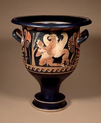Crátera de campana de figuras rojas campaniana decorada con un arimaspo en combate con un gran grifo, c.340 a.C.