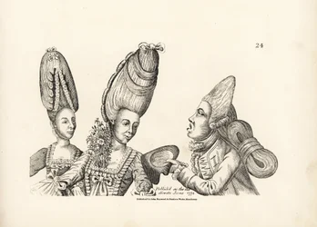 Caricatura de las modas de finales del siglo XVIII: mujer con peluca alta y jardín de flores en el pecho, y macarrón con peluca alta y extravagante masa de pelo atada a la espalda. Grabado al cobre según una ilustración satírica de Timothy Bobbin (John