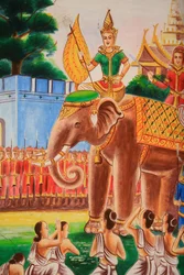 Obra de arte en el techo que representa la vida de Buda. Templo Wat Si Sou Mang Karam. Vieng Vang, Laos
