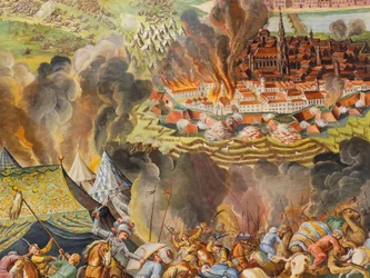 Fresco del techo de la nave lateral de la iglesia de Santa Catalina, Desamortización de Viena en 1683, Mausoleo de los Habsburgo, Graz, Estiria, Austria, Europa (foto)