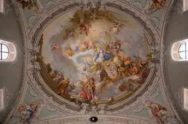 Pintura del techo, fotografía interior, Iglesia parroquial católica de San Jorge, Neustift, Valle de Stubai, Tirol, Austria, Europa (foto)