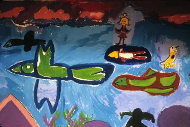 Dibujo infantil que representa pájaros, peces, animales y personajes, escuela de la Cruz Rousse, Saint Brieuc