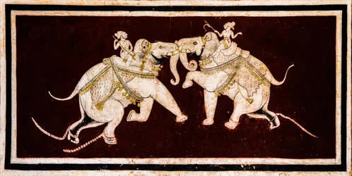 Patio de Chittra Shala con virtuosas pinturas finas, Fuerte de Taragarh, Bundi, Bundi, Rajastán, India, Asia (foto)