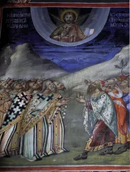 Cristo en gloria controlando las fuerzas temporales y espirituales. Fresco bizantino del monasterio Agios Ioannis Lampadistis, San Juan Lampadistis siglo XI Chipre Iglesias pintadas sitio UNESCO Troodos, Chipre