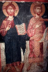 Cristo con San Constantino Iglesia de la Santa Cruz de Agiasmati, siglo XV Chipre Iglesias pintadas sitio UNESCO Troodos, Chipre
