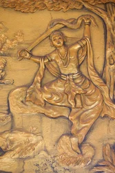 Pagoda budista Chua Thiep Long. La Gran Tonsura: Buda se corta el cabello con su espada. Después cambió sus ropas de príncipe por la túnica de un mendigo. Entonces comenzó su búsqueda de la iluminación. Tay Ninh. Vietnam