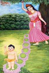 Templo budista Chua Tu Quang. Príncipe Siddhartha Gautama, Buda de niño. Se dice que el niño nació completamente despierto. Podía hablar y le dijo a su madre que había venido a liberar a toda la humanidad del sufrimiento. Vung Tau, Vietnam