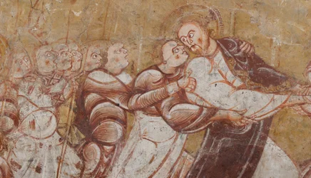 Iglesia (Église Saint-Martin). Interior. Pinturas murales (fresco). Pared norte del coro. Detalle. Arresto de Cristo. Siglo XII.