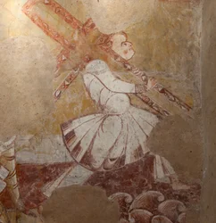 Iglesia (Église Saint-Martin). Interior. Pinturas murales (fresco). Pared norte del coro. (detalle). Simón de Cirene cargando la cruz. Siglo XII.