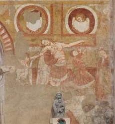 Iglesia (Église Saint-Martin). Interior. Pinturas murales (fresco). Pared oeste de la nave. Detalle. Descendimiento de la cruz. Siglo XII.