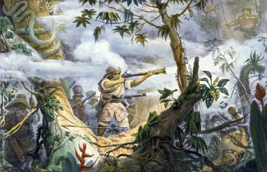 Indios "civilizados" luchando contra indios botocudos, Brasil