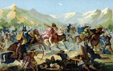 Clodoveo I (466-511), rey de los francos, durante la batalla de Tolbiac en 496 contra la tribu germánica de los alamanes, juró convertirse en caso de victoria. Finales del siglo XIX (cromolitografía)