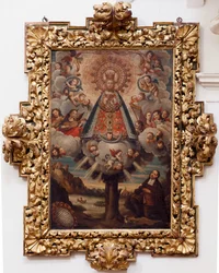 Iglesia colegiata. Interior. Pintura. (Nuestra Señora de la Esperanza). Texto en un medallón: “RETRA TOD LA MIL CROSA Imajen DNUESTRA S DL Esperanza A Parecida A Fernando de ZILLLa Faña iezi rodela Villa Riue mde el Tajo ter mi?to esta villa”. Firmado ? y