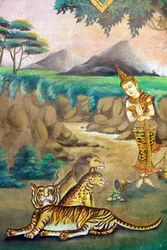 Compasión hacia los animales. Pintura que representa la historia de la vida de Buda Shakyamuni. Wat Naxai. Vientiane, Laos