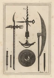 Rondel cóncavo 1,2, hacha de batalla 3,4, hacha de asta 5,6, y arma antigua curiosa usada por los ingleses contra los escoceses 7,8