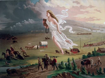 Concepto de Destino Manifiesto: Figura femenina alegórica portando un cable de telégrafo eléctrico, conduce a los pioneros y ferrocarriles americanos hacia el oeste, los indios nativos americanos y el búfalo y el oso retroceden ante ellos. Cromolitografía 