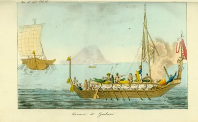 Barco Corocoro con velas y remos de la isla de Guebe, Islas Molucas, Indonesia