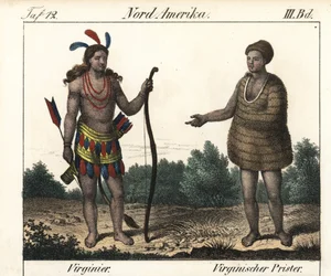 Traje de los indios Powhatan de Virginia (EE.UU.): un guerrero y un sacerdote de Secota. Litografía para el libro: "Galerie complete en tableaux fideles des peuples d
