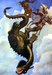Pareja luchando contra un dragón, c. 1910 (ilustración)