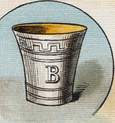 Taza. Grabado en "Alphabet de ma petite fille". Bernardin-Bechet y Fils, libreros-editores, París, alrededor de 1895. Álbum irrompible sobre lienzo. Biblioteca de Bebés. 12 páginas. Álbum que contiene un método de lectura y un abecedario ilustrado. Dim: 29