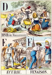 D E F: Cena de los segadores, Establo, Heno - "Alfabeto de la granja" finales del siglo XIX (grabado)