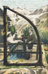D: Un hombre y una mujer sentados en una mesa frente a un chalet montañés brindan con una copa de vino en la mano - Alphabet personajes Ref Th. E., L. Theochrom - Serie 994. Theodor Eisman, editor, Leipzig