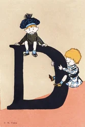 D como dos, descender - Alfabeto infantil. C. M. editor, París. Tarjetas postales pintadas a mano, franqueadas en 1904. Dimensiones: 14 x 9 cm