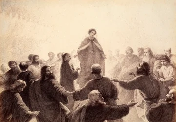 Dante y Beatrice están rodeados por los espíritus de los Sabios que cantan y danzan a su alrededor. Ilustración del Canto XIV del Paradiso de La Divina Comedia de Dante Alighieri. Obra de Franceso Scaramuzza dedicada al Ayuntamiento de Florencia.