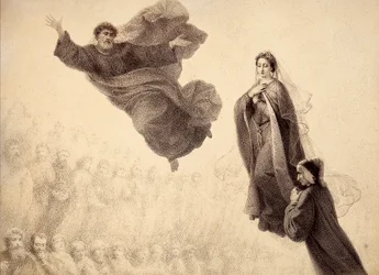 Dante y Beatrice se encuentran con San Pedro. Ilustración del Canto XXIV del Paradiso de La Divina Comedia de Dante Alighieri. Obra de Francesco Scaramuzza dedicada al Ayuntamiento de Florencia.