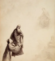 Dante, asistido por San Bernardo, ve a Beatriz sentada en un trono en medio de los bienaventurados, en un halo de luz. Ilustración del Canto XXXI del Paradiso de La Divina Comedia de Dante Alighieri. Obra de Francesco Scaramuzza dedicada al Ayuntamiento de