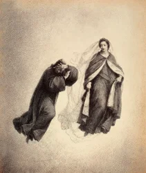 Dante se cubre el rostro con las manos, sobrecogido por la mirada de Beatrice, tan llena de amor divino. Ilustración del Canto IV del Paradiso de La Divina Comedia de Dante Alighieri. Obra de Franceso Scaramuzza dedicada al Ayuntamiento de Florencia.