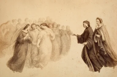 Dante junto a Beatrice y los espíritus bienaventurados. Ilustración del Canto XXXIII del Paradiso de La Divina Comedia de Dante Alighieri. Obra de Francesco Scaramuzza dedicada al Ayuntamiento de Florencia.