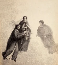 Dante, urgido por Beatrice, habla con espíritu piadoso. Ilustración del Canto V del Paradiso de La Divina Comedia de Dante Alighieri. Obra de Franceso Scaramuzza dedicada al Ayuntamiento de Florencia.