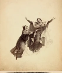 Dante, con los brazos abiertos, conducido en fuga por Beatrice a través del firmamento del Paraíso. Ilustración del Canto I del Paradiso de La Divina Comedia de Dante Alighieri. Obra de Franceso Scaramuzza dedicada al Ayuntamiento de Florencia.