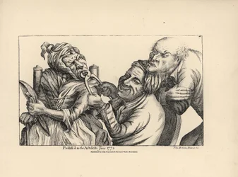 Dentista riendo mientras utiliza unas tenazas para sacar un diente en mal estado de la boca de una anciana. Grabado al cobre según una ilustración satírica de Timothy Bobbin (John Collier) (1708-1786) de Human Passions Delineated, John Haywood, Manchester.