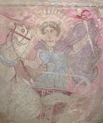 (detalle) de una oinochoe de cerámica policromada de Canosa, Apulia, c. principios del siglo III a.C.