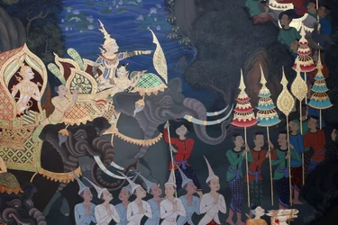 (detalle) de una pintura mural en el Uposatha (sala del santuario) del templo Buddhapadipa, Wimbledon, Gran Bretaña